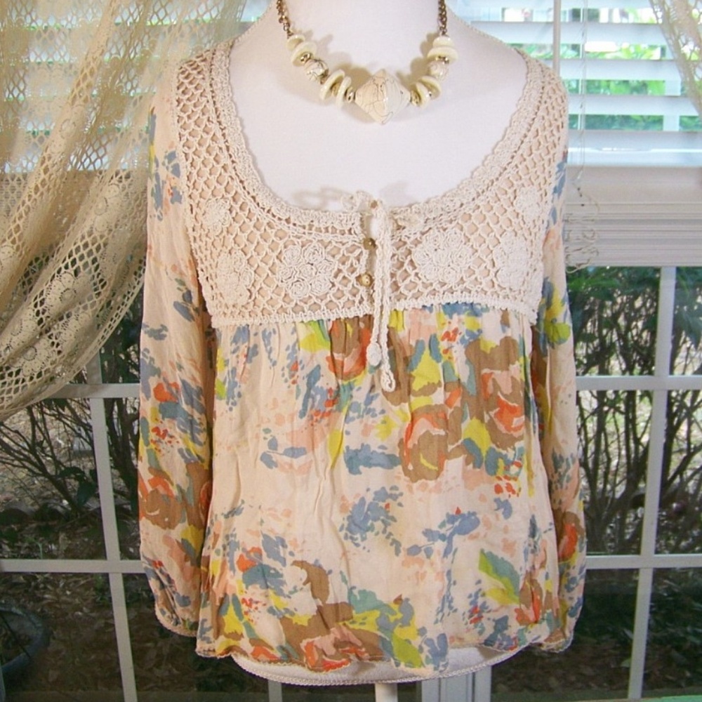 Sanctuary Hi Lo Hem Peasant Top Crochet Tie S